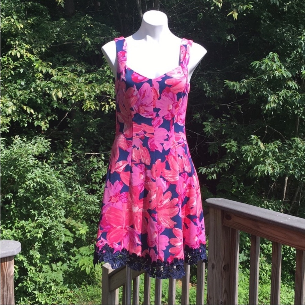 Floral pink on navy lined fit and flare dress with navy lace hem size 4